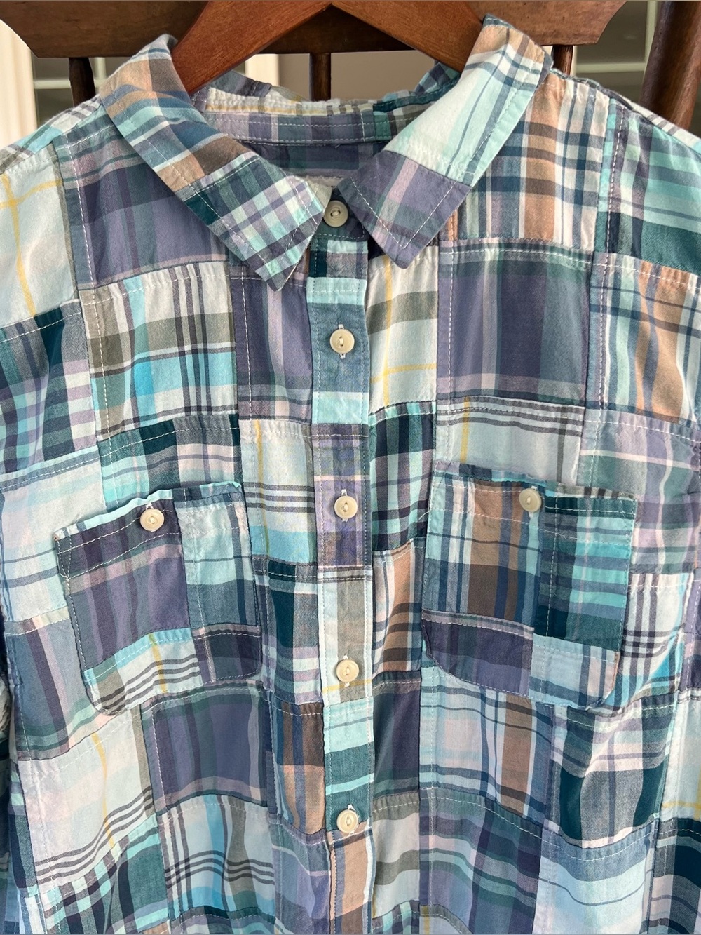 LL Bean Patchwork Madras Plaid Cotton Shirt Women’s Large Regular Blue Teal - Picture 4 of 14